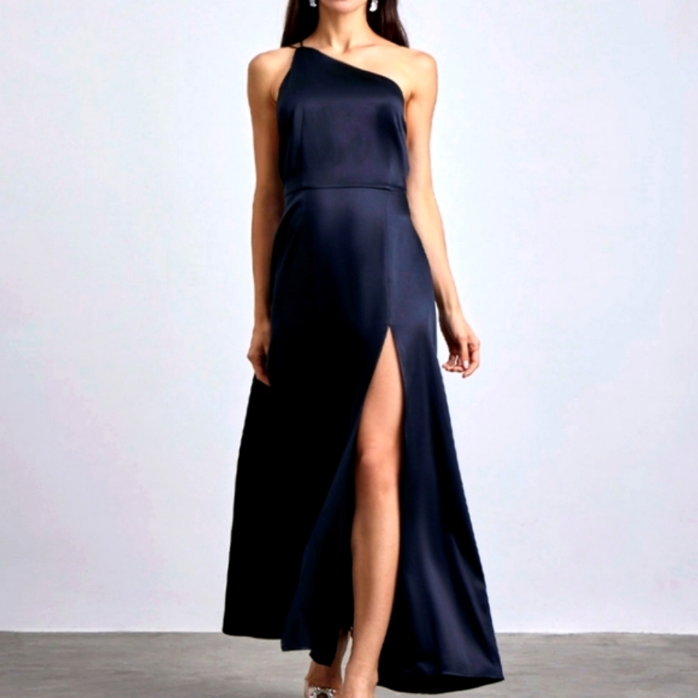 One-Shoulder Navy Satin Evening Gown - Picture 2 of 10